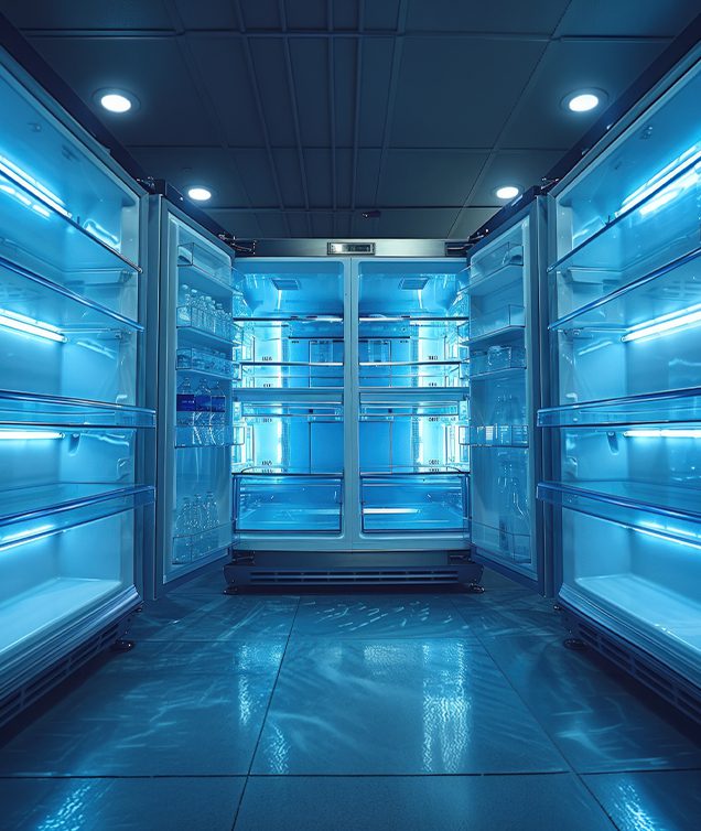 Commercial glass door refrigeration units inside a retail store with LED lighting and empty shelves